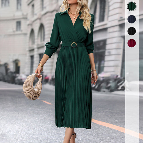 Damen Plissiertes Wickel-Midikleid mit Hemdkragen, Taillengürtel und langen Manschettenärmeln Shop Nory