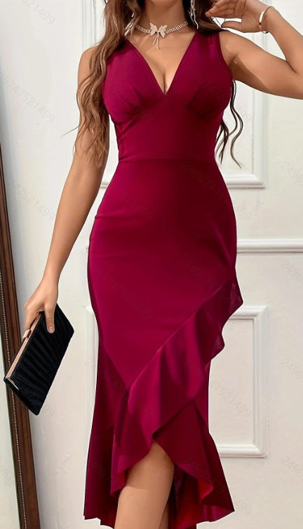Damen Midikleid mit V-Ausschnitt und asymmetrischem Rüschensaum
