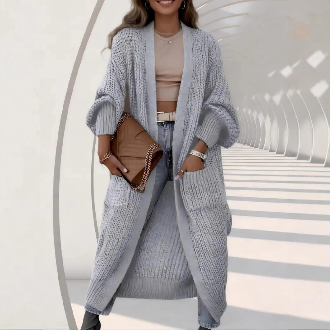 Damen Langer Offener Grobstrick-Mantelcardigan mit Flechtstruktur und überschnittener Schulter Shop Nory