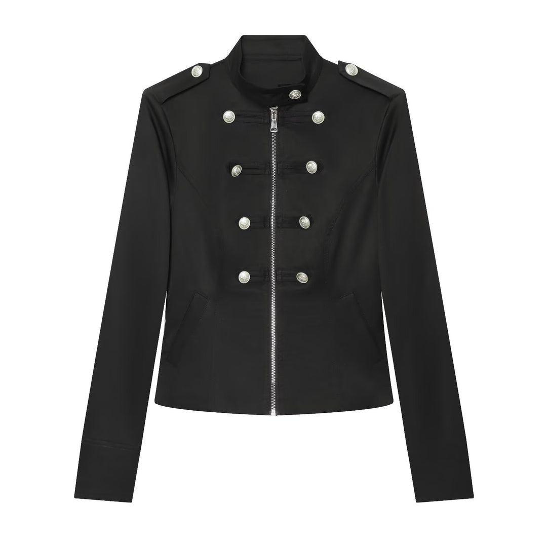 Damen Militärinspirierte Kurzjacke mit Stehkragen, Zierknopfleiste und Reißverschluss Shop Nory