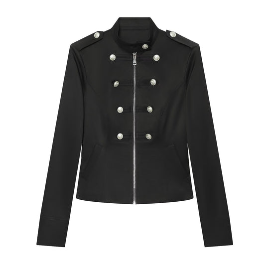 Damen Militärinspirierte Kurzjacke mit Stehkragen, Zierknopfleiste und Reißverschluss Shop Nory