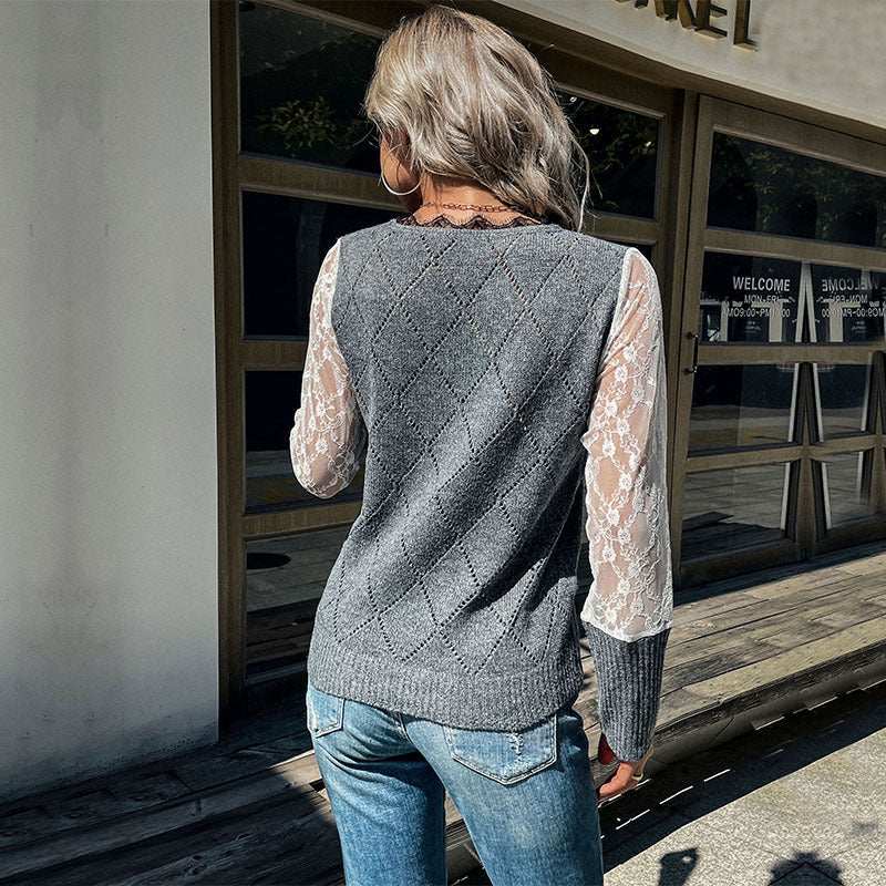 Damen Strickpullunder mit Argyle‑Struktur und transparenten Spitzenärmeln Shop Nory