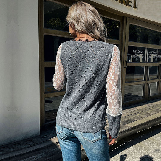 Damen Strickpullunder mit Argyle‑Struktur und transparenten Spitzenärmeln Shop Nory