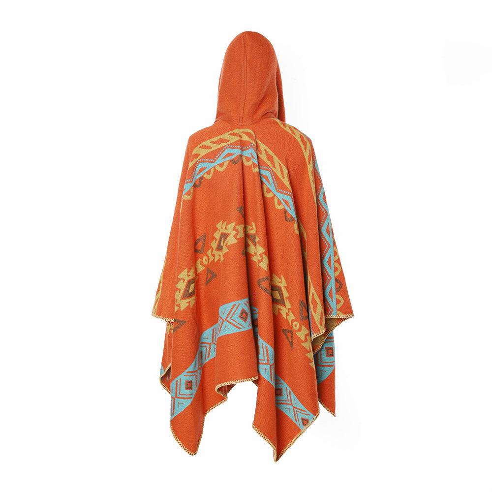 Damen Kapuzenponcho im Jacquardmuster aus Wollmix mit dekorativer Kettelnaht Shop Nory