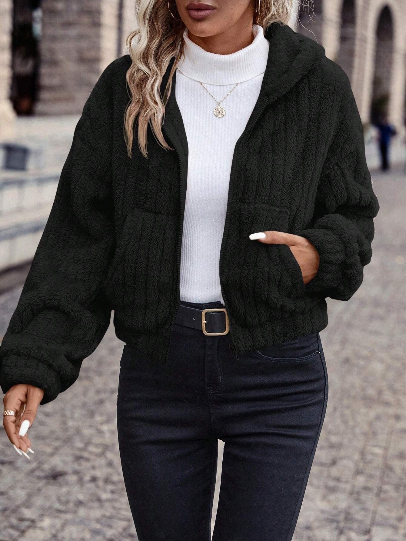 Damen Fleecejacke mit Kapuze und weichem Innenfutter Shopnory