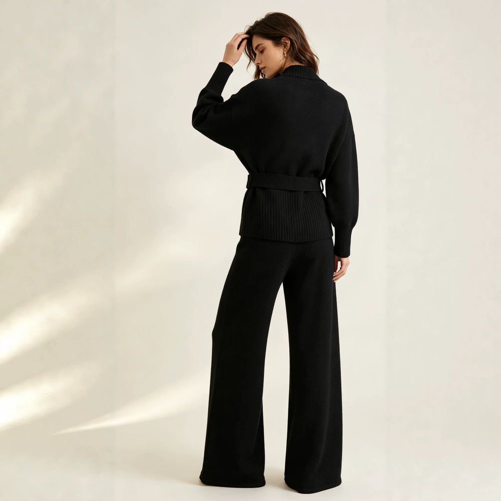 Damen Strick-Set mit V-Ausschnitt, Taillengürtel und weitem Bein Shop Nory