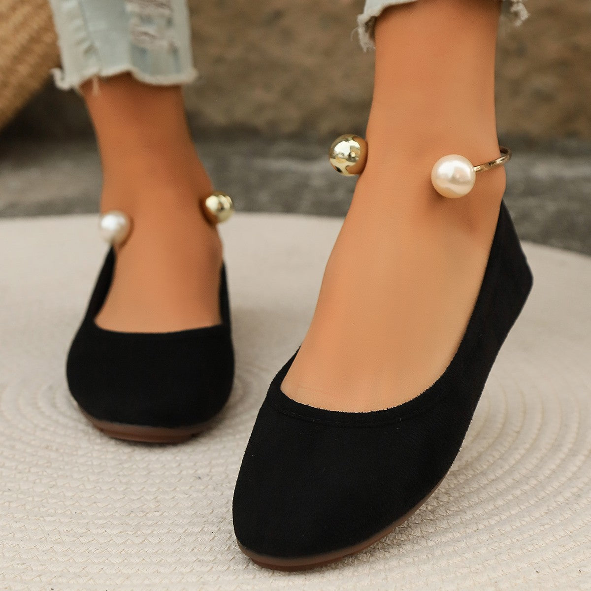Damen Elegante Ballerinas mit kunstvollem Perlenschmuck und rutschfester Sohle Shopnory
