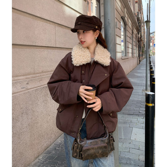 Damen Oversize-Kurzjacke mit Teddykragen und Pattentaschen Shop Nory