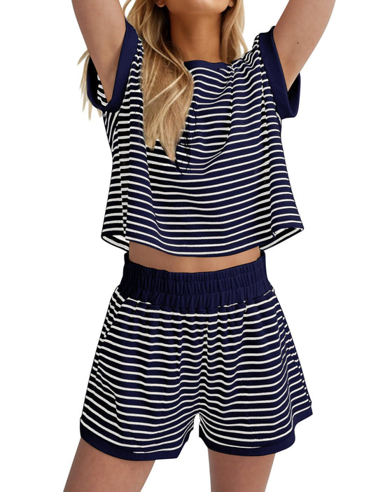 Damen Lässiges gestreiftes Set aus lockerer Oberteil und Shorts