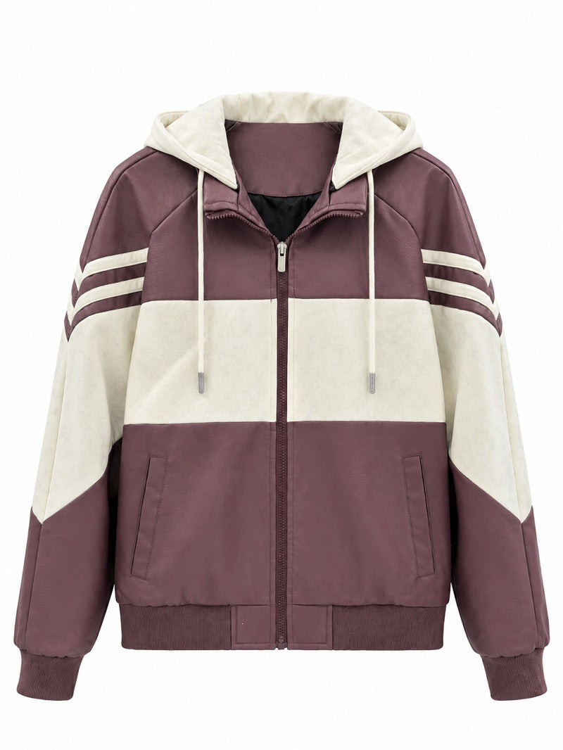 Herren Sportlicher Kapuzen‑Bomber mit Kunstlederoptik, Kontraststreifen und Reißverschluss Shop Nory