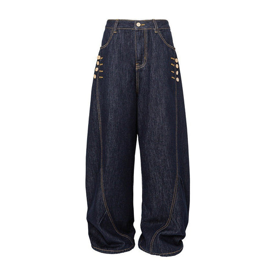 Damen Weite High‑Waist Jeanshose mit Ballon‑Silhouette und seitlichen Zierknöpfen Shop Nory