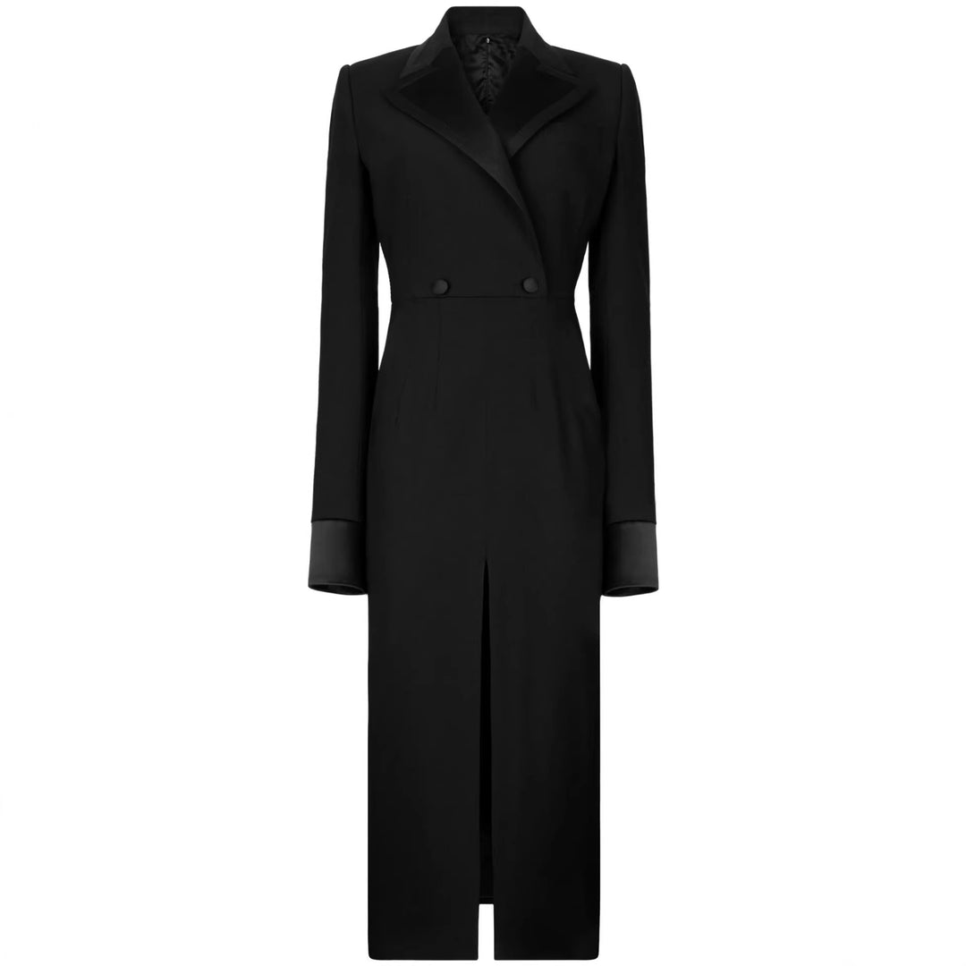 Damen Tailliertes Blazerkleid im Longcut mit Satinrevers und Frontschlitz Shop Nory