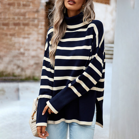Damen nan Oversize Rollkragenpullover mit Querstreifen, weitem Schnitt und seitlichen Schlitzen Shop Nory