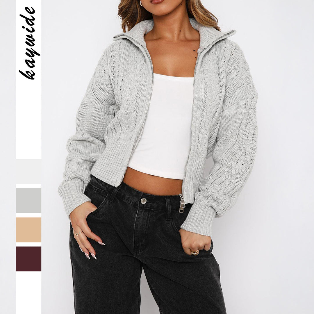 Damen nan kurz geschnittener Zopfstrick-Cardigan mit durchgehendem Reißverschluss, Stehkragen und Ballonärmeln Shop Nory