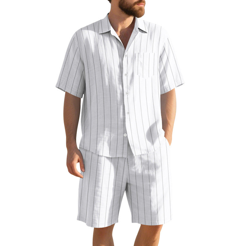 Herren Kurzarm-Pyjama-Set mit dezentem Streifenmuster und praktischer Brusttasche ShopNory