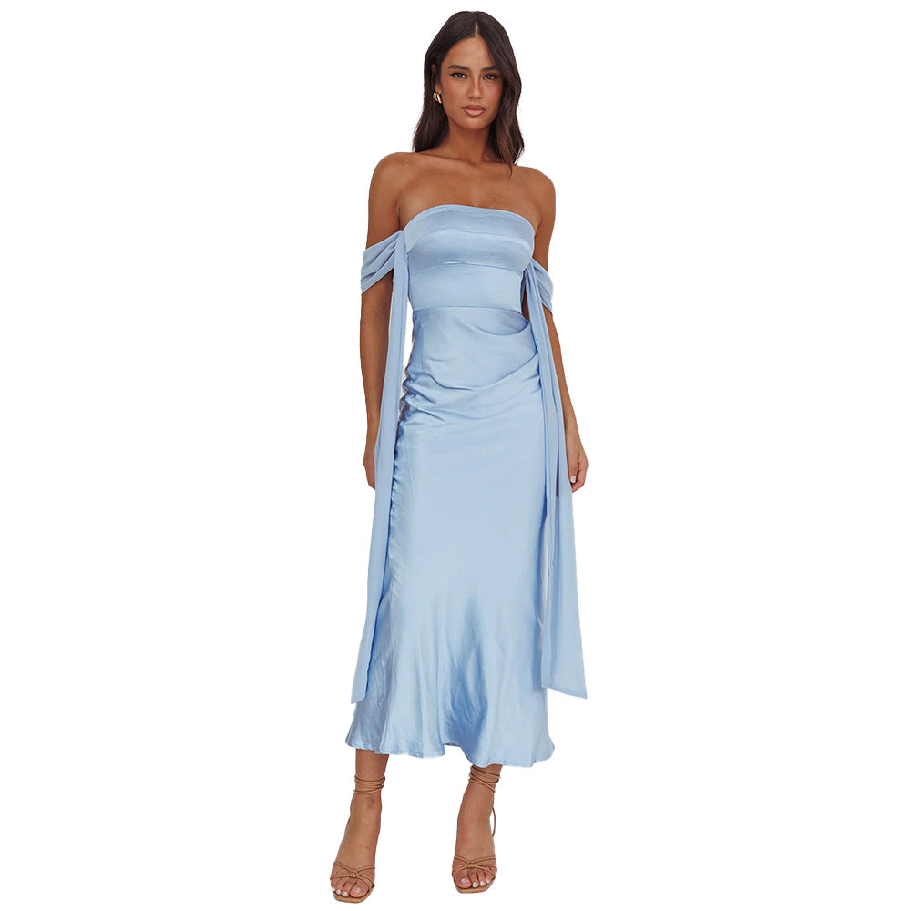 Damen Abendkleid mit schulterfreiem Design und fließendem SatinShopnory