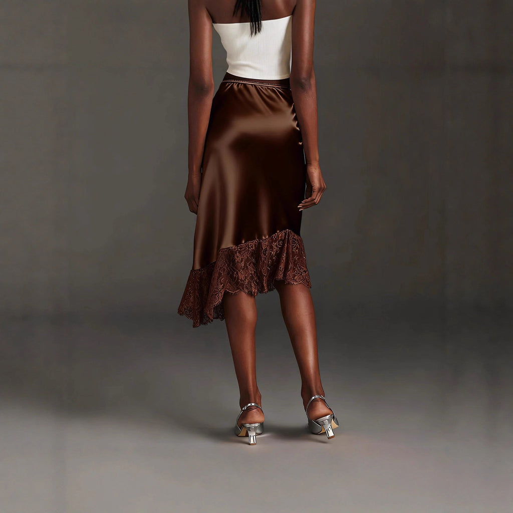 Damen Satinrock mit Spitze und asymmetrischem Saum