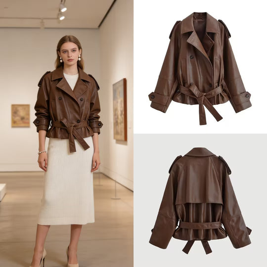 Damen Kurz geschnittener Kunstleder-Trenchcoat mit Bindegürtel und Schulterriegel Shop Nory