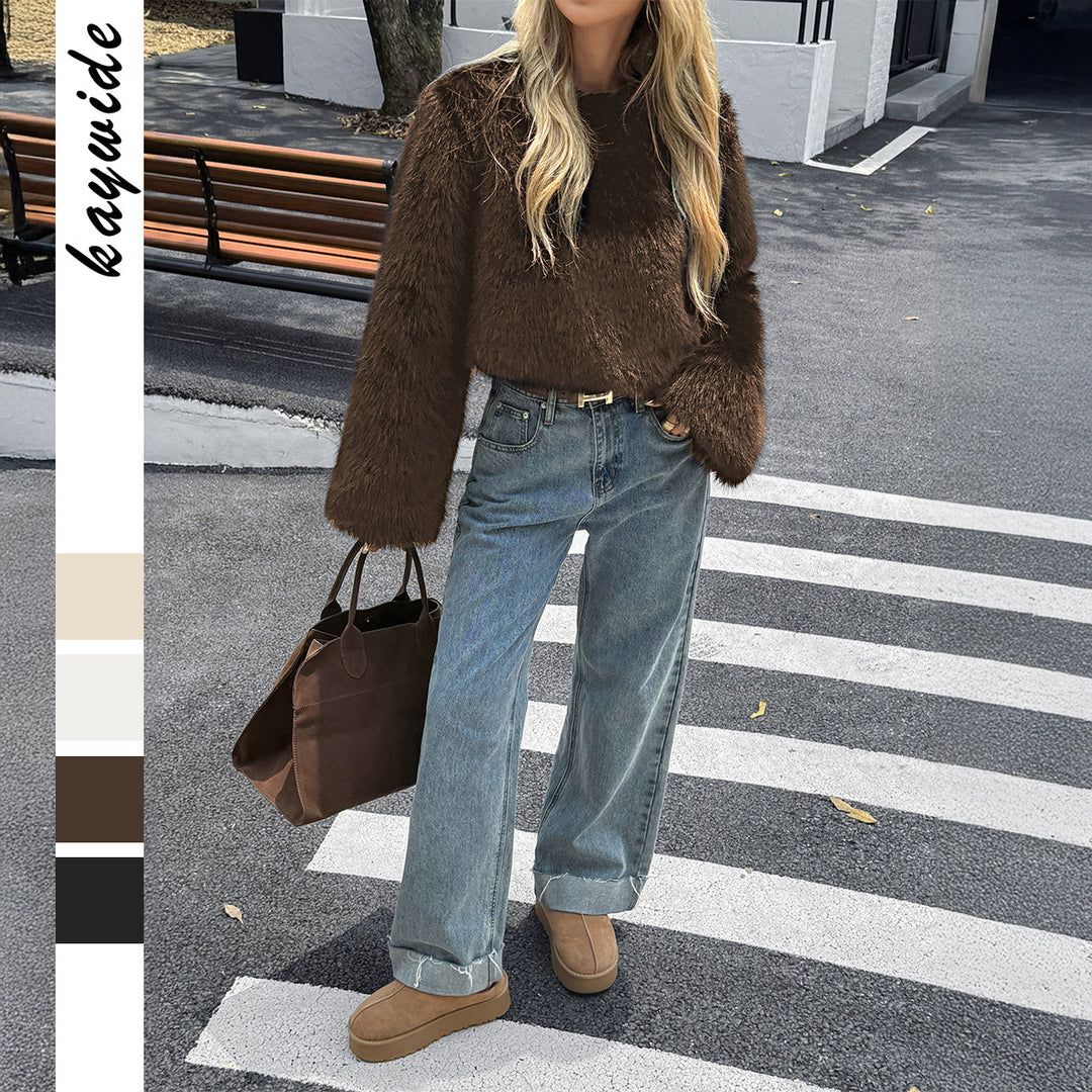 Damen nan kuscheliger Cropped-Faux-Fur-Pullover mit ausgestellten Ärmeln Shop Nory