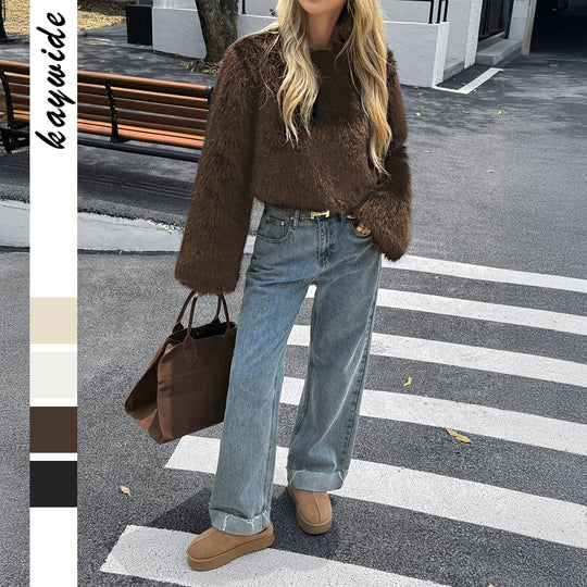 Damen nan kuscheliger Cropped-Faux-Fur-Pullover mit ausgestellten Ärmeln Shop Nory