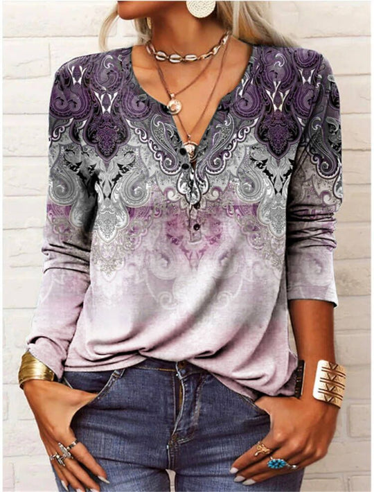 Damen Lockeres Langarm‑Henleyshirt mit V‑Ausschnitt, Knopfleiste und Ombre‑Print Shop Nory