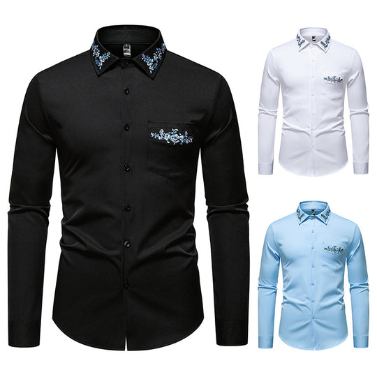Herren Elegantes Slim-Fit Hemd mit floraler Stickerei am Kragen und aufgesetzter Brusttasche Shop Nory