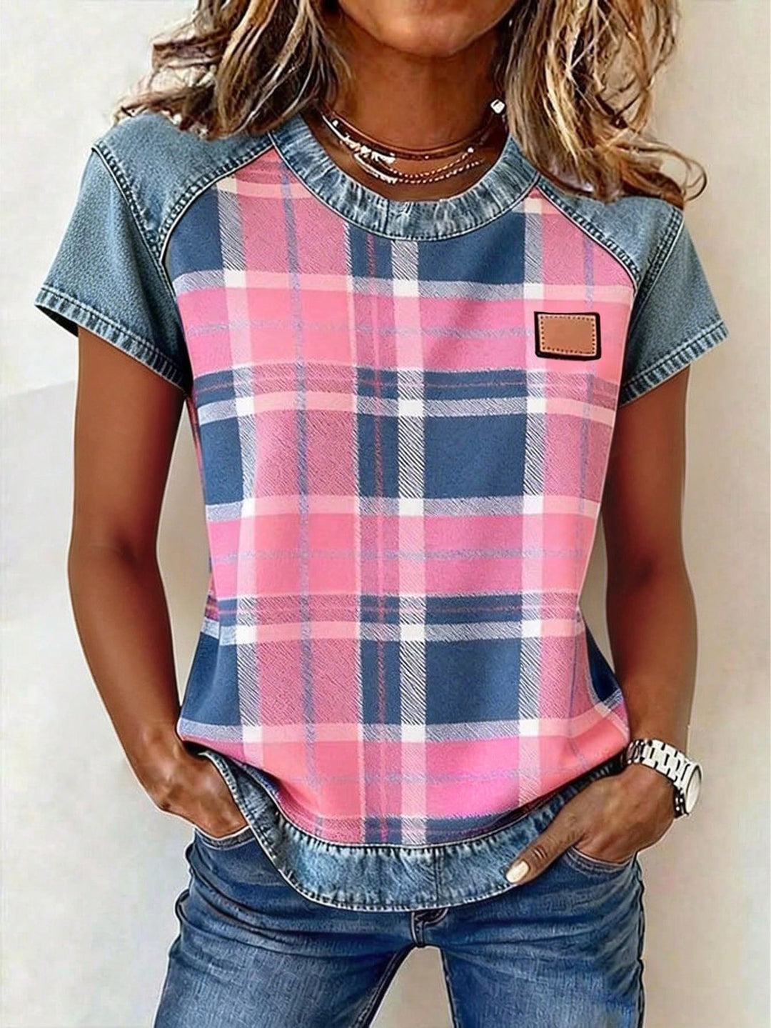 Damen Kurzarmshirt mit Jeans-Einsätzen und Teddy-Patchprint Shop Nory