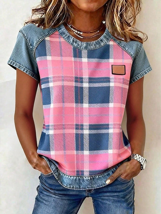 Damen Kurzarmshirt mit Jeans-Einsätzen und Teddy-Patchprint Shop Nory