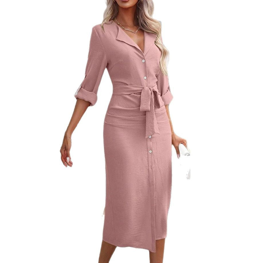 Damen Tailliertes Hemdblusenkleid aus Crinkle-Jersey mit Bindegürtel und Frontschlitz Shop Nory