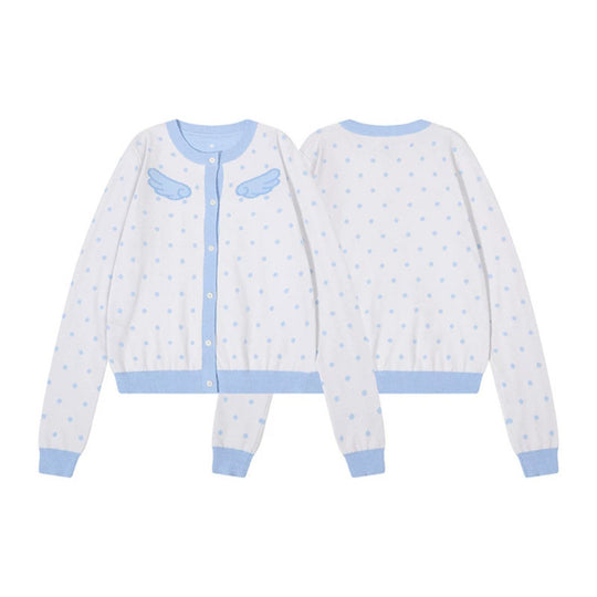 Damen Kurzgeschnittene Punkt-Strickjacke mit Engelsflügel-Motiv und Rippbündchen Shop Nory