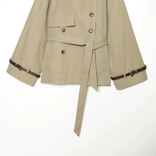 Damen Kurz-Cape-Trench mit Doppelreihe, Schulterklappen und Taillengürtel Shop Nory