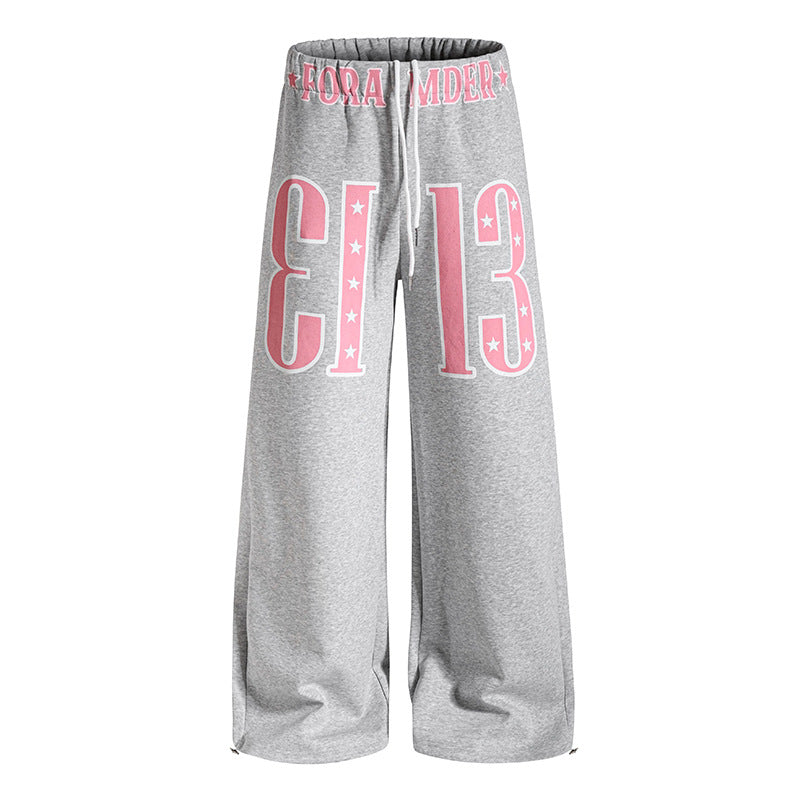 Damen Weite Palazzo-Jogginghose mit hohem Komfortbund, Tunnelzug und großer Grafikfront Shop Nory