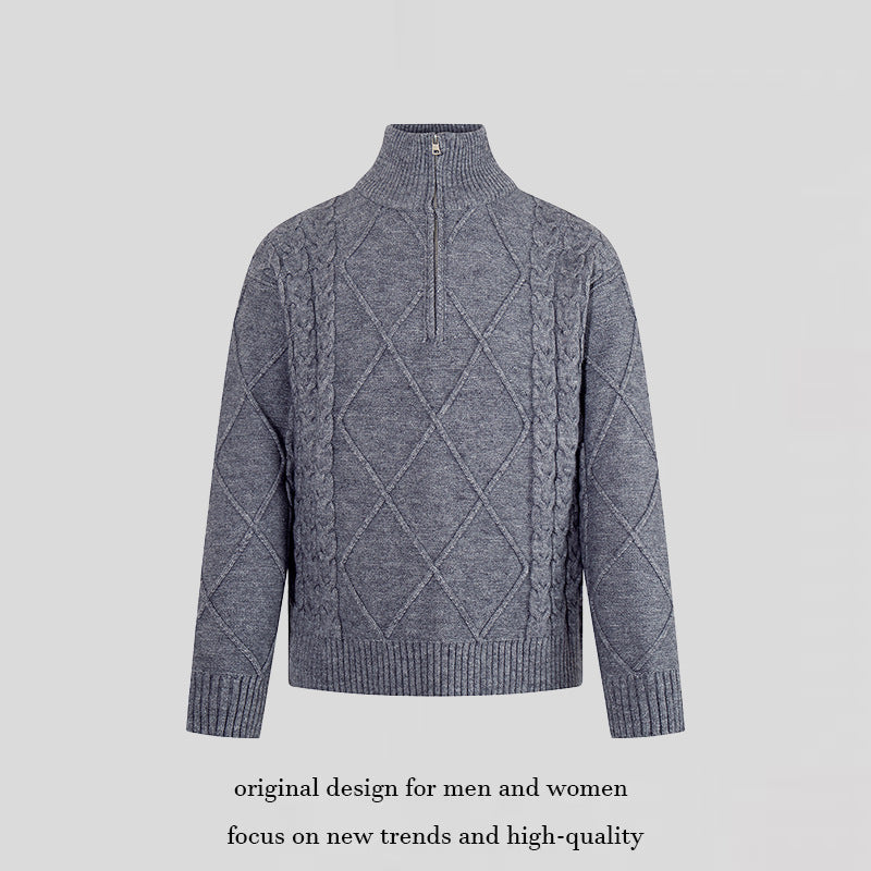 Herren Strickpullover mit Zopfmuster, halbem Reißverschluss und hohem Stehkragen Shop Nory