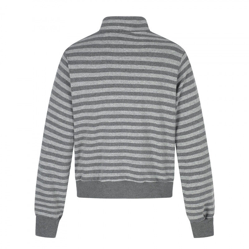 Unisex Gestreifter Zip-Hoodie mit Troyerkragen, Brust-Print und Reißverschlusstaschen Shop Nory