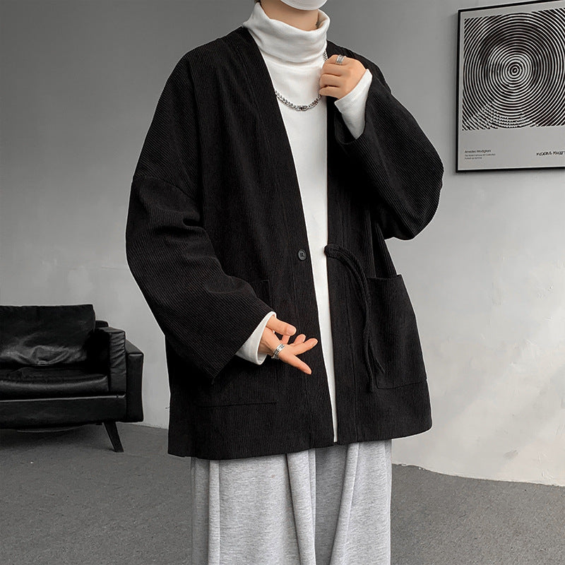 Herren oversized Cord-Kimono-Cardigan mit Kordelzug, aufgesetzten Taschen und Tropfenärmeln Shop Nory