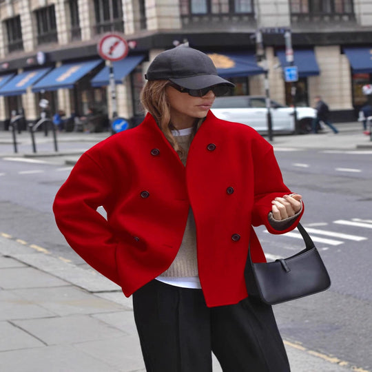 Damen Kurz geschnittener Oversize-Wollmantel mit doppelreihiger Knopfleiste und Stehkragen Shop Nory