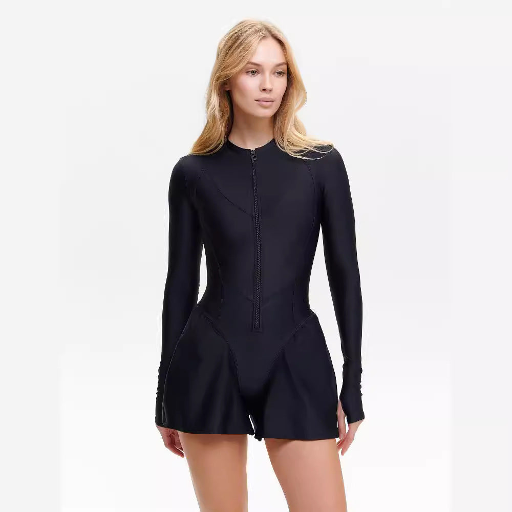 Damen Sportlicher Jumpsuit mit langem Arm und Reißverschluss