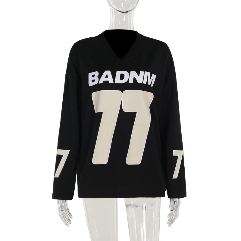 Damen Oversize Sport-Sweatshirt mit V-Ausschnitt und Statement-Print Shop Nory