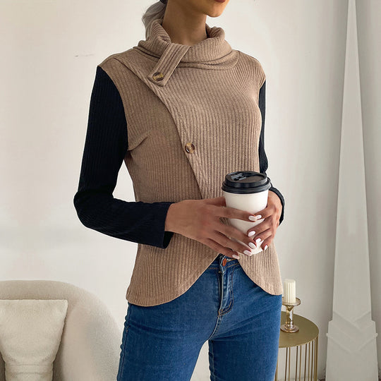 Damen Asymmetrisches Rippenstrick-Layering-Top mit Rollkragen und Zierknopfleiste Shop Nory