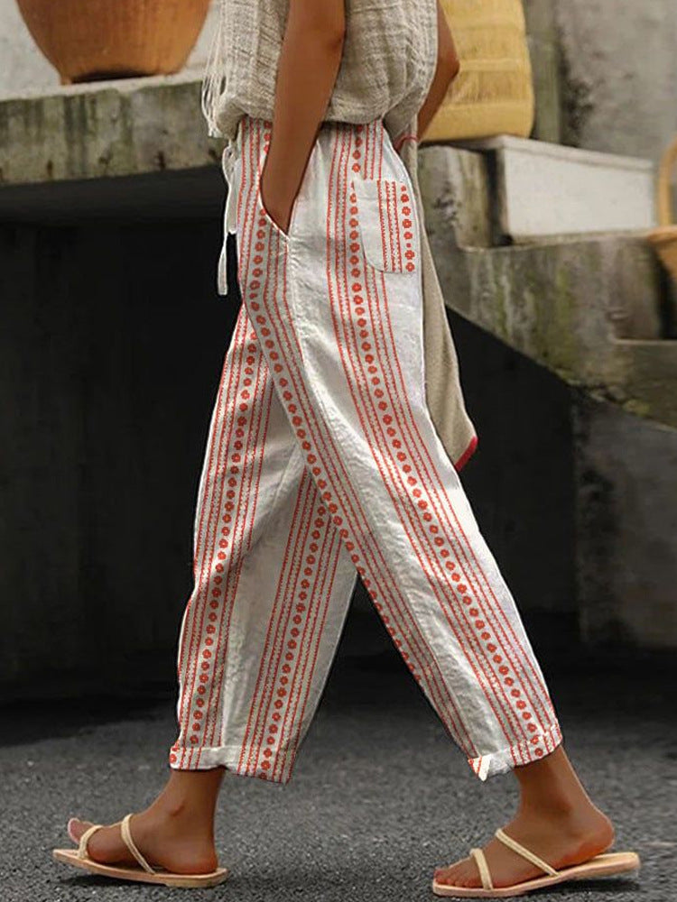 Damen Weite Leinenhose mit handgewShopnorytem Muster