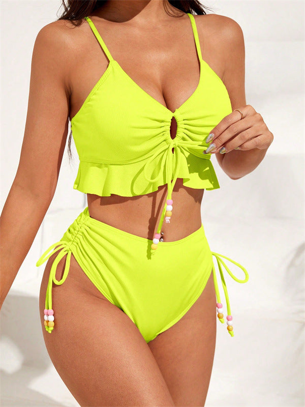 Damen Zweiteiliges Bikiniset mit gerafftem Oberteil und dekorativen Zierbändern