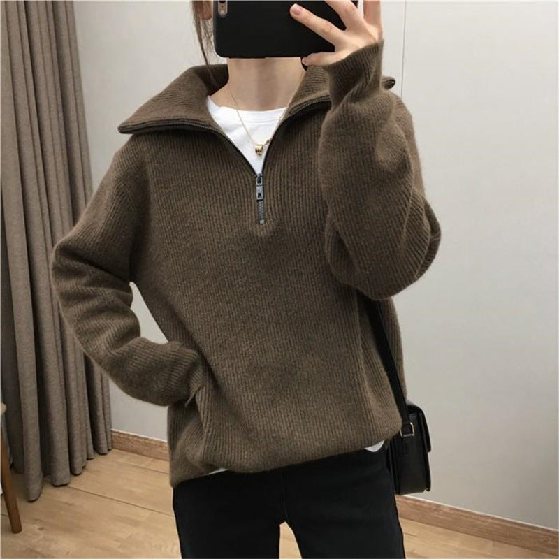 Damen Leichter Strickpullover mit hohem Kragen und Reißverschluss