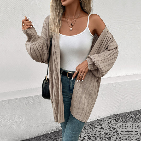 Damen Longline Strickmantel-Cardigan mit vertikaler Rippenstruktur und Oversize-Silhouette Shop Nory