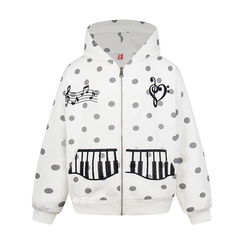 Damen Kapuzen-Sweatjacke im Retro-Punkte-Look mit gestickten Klavier-Taschen und Noten-Emblem Shop Nory