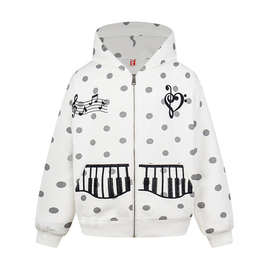 Damen Kapuzen-Sweatjacke im Retro-Punkte-Look mit gestickten Klavier-Taschen und Noten-Emblem Shop Nory