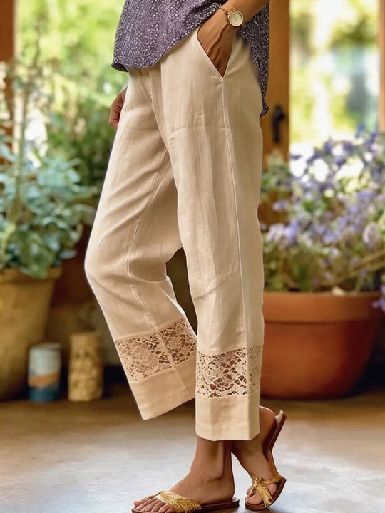 Damen Leinenoptik Culotte-Hose mit Spitzeinsatz am Saum und seitlichen Eingrifftaschen Shop Nory