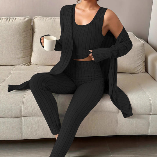 Damen Geripptes Feinstrick-Lounge-Set mit Longcardigan, kurzes Top und hochtaillierten Leggings Shop Nory