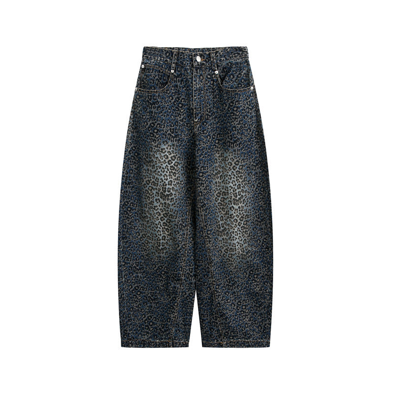 Damen Kurzgeschnittene Weite Jeans mit hoher Taille und Leopardenmuster Shop Nory