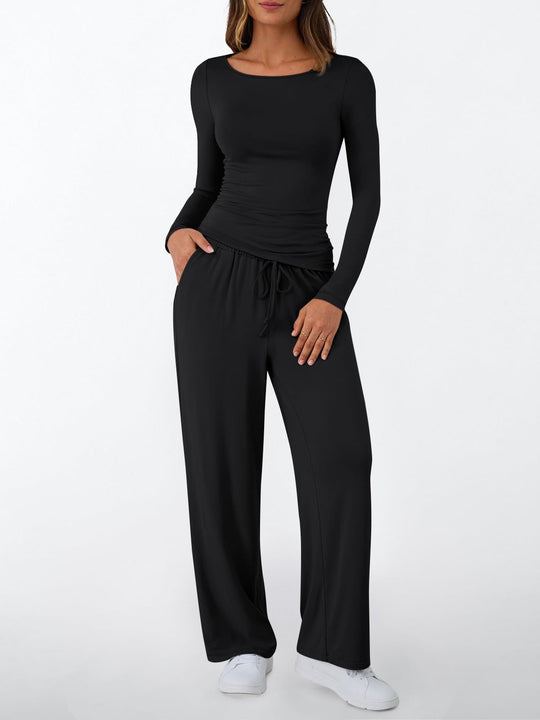 Damen Figurnahes Langarm-Shirt und Palazzo-Jerseyhose Loungewear-Set Shop Nory