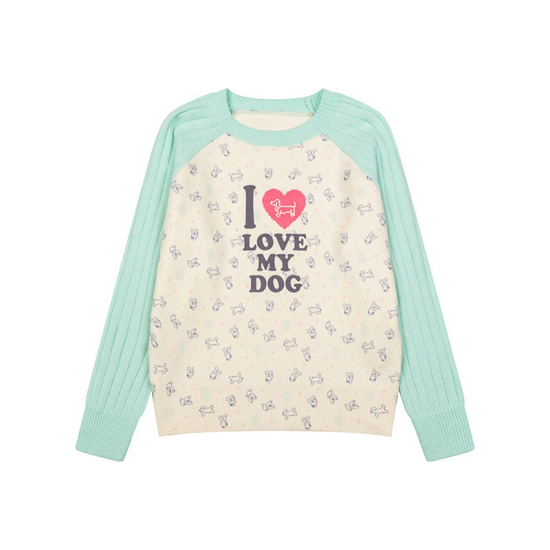 Damen Gestrickter Raglanpullover mit Herz‑Hundemotiv, Rippärmeln und Allover-Print Shop Nory